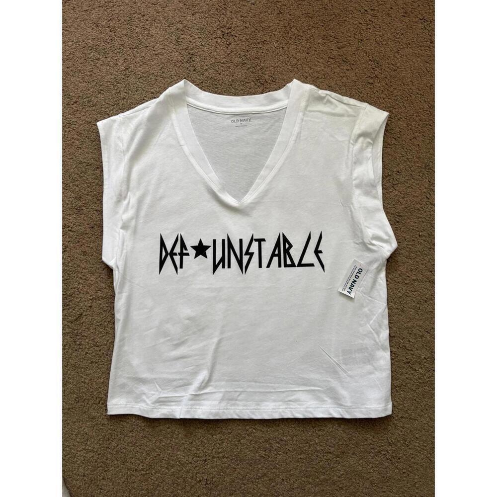 White Sleeveless V Neck T-Shirt "Def Unstable"